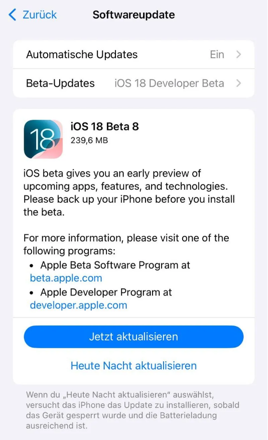 龙南苹果手机维修分享苹果 iOS / iPadOS 18 开发者预览版 Beta 8 发布 